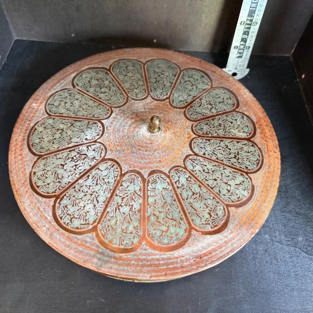 Vintage Etched Copper Trinket Box Verdigris Patina Floral Footed Keepsake 8in